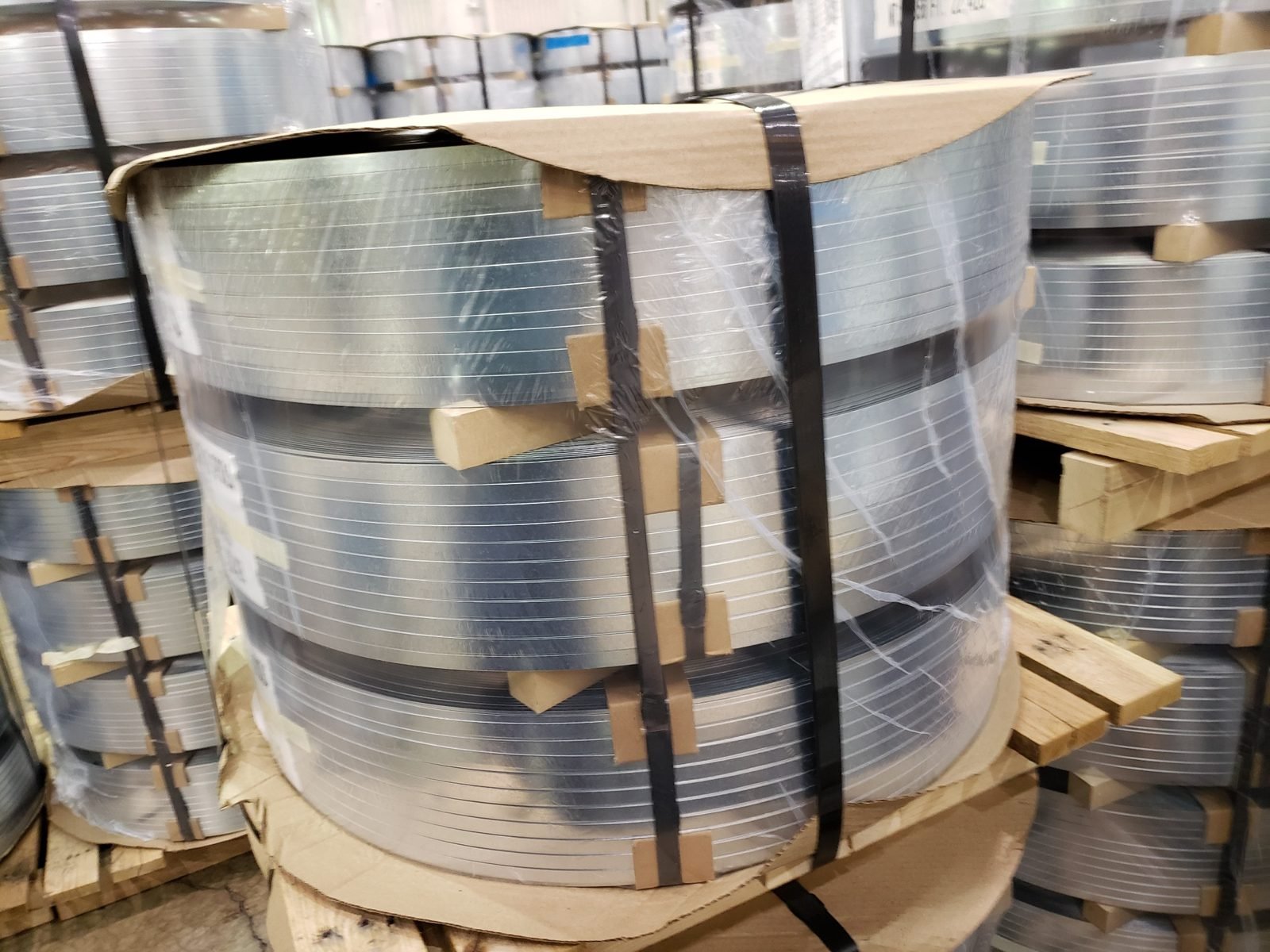 Packaged slit steel coils in inventory